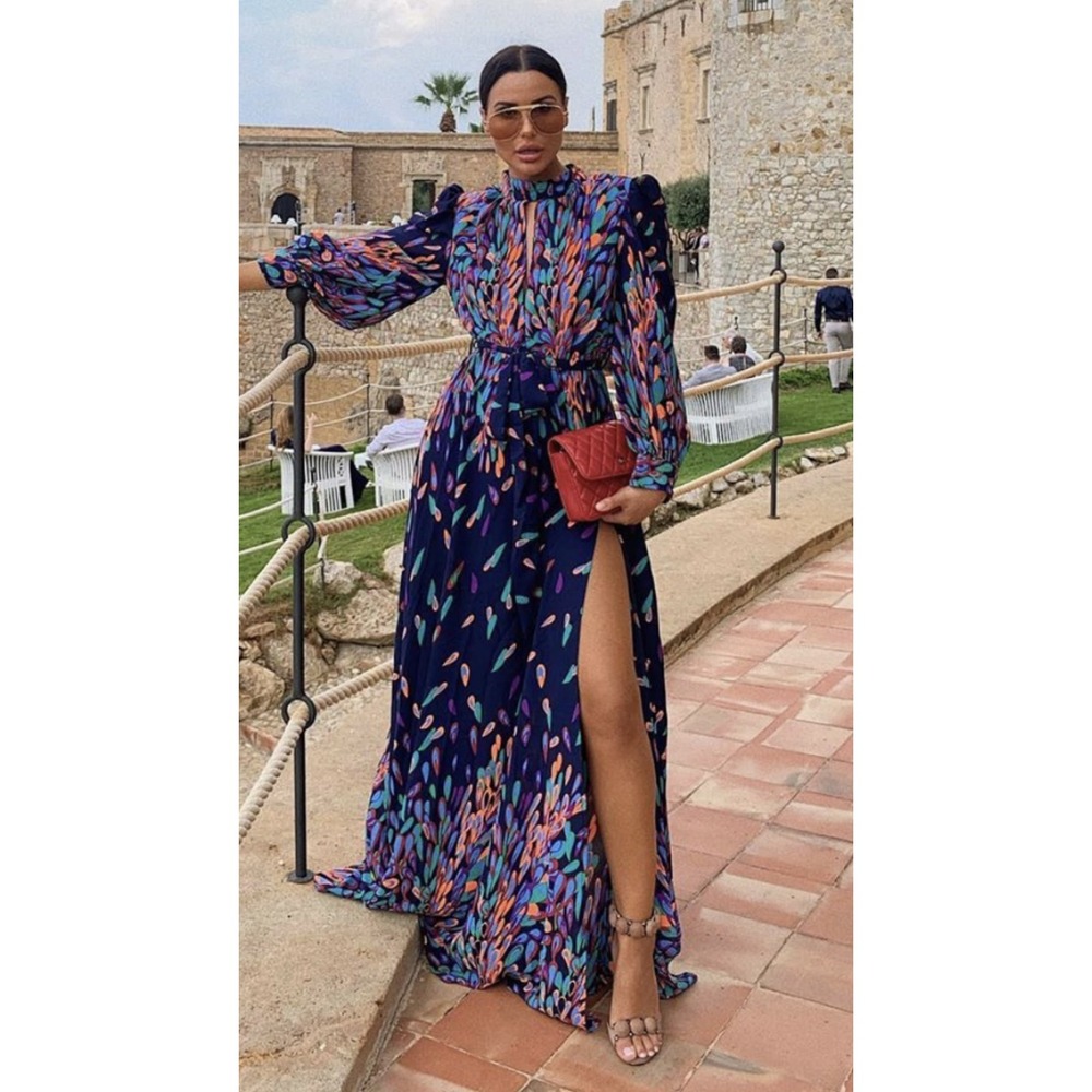 Fashion Nova Long Maxi Dress Navy Wings of a Feather Print Long Sleeve
